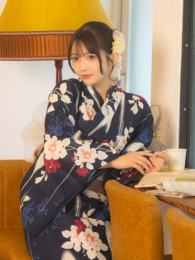 変わり縞 椿 古典レトロ モダン 紺色 2点セット 着用イメージ5