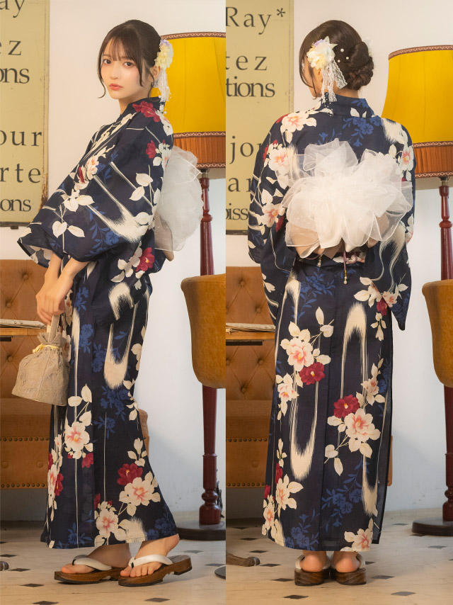 変わり縞 椿 古典レトロ モダン 紺色 2点セット  背面・帯デザイン