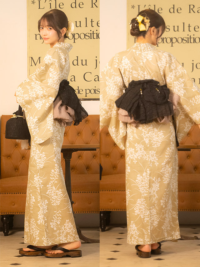 霞草 マスタードカラー レトロ 2点セット 黒嵜菜々子着用 背面・帯デザイン