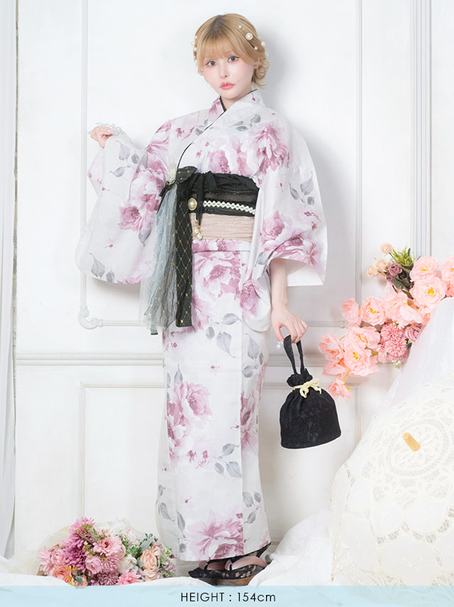 白地 グラデーション 牡丹 ガーリー sweet 2点セット 戦慄かなの着用 前面デザイン