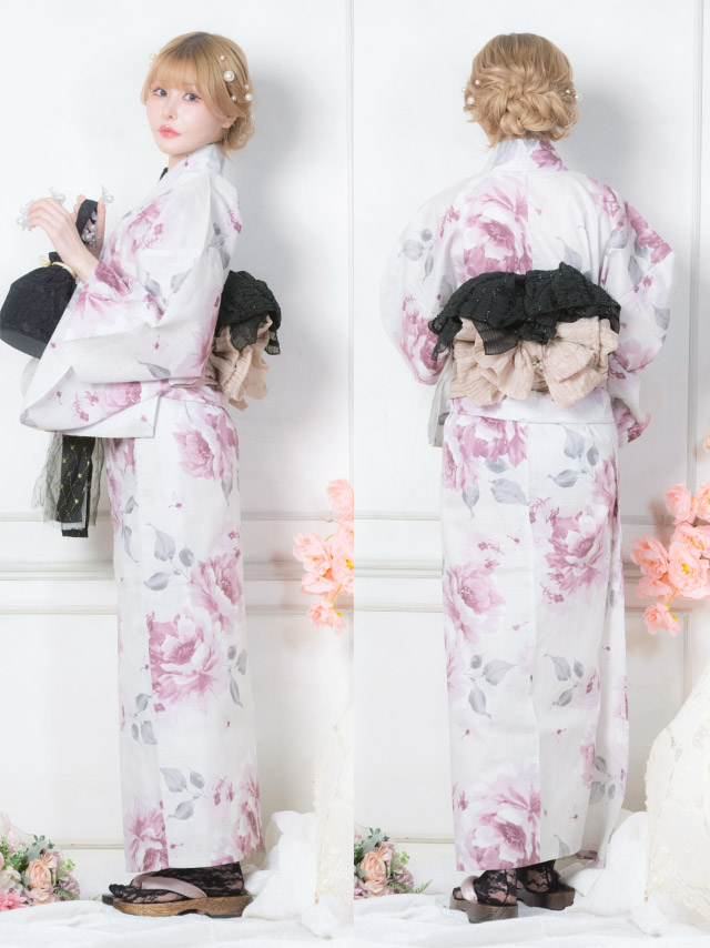 白地 グラデーション 牡丹 ガーリー sweet 2点セット 戦慄かなの着用 背面・帯デザイン