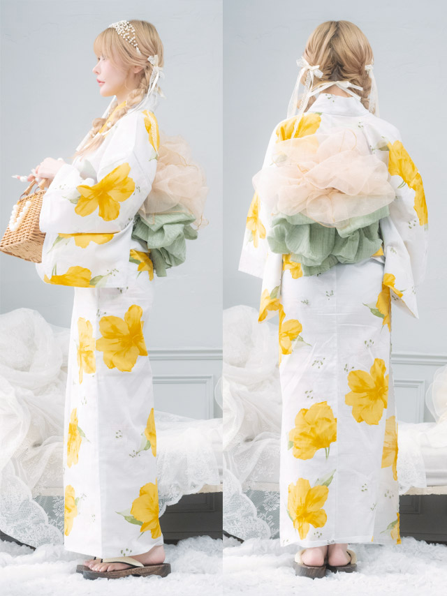 白地 イエロー シャクナゲ ガーリー sweet 2点セット 戦慄かなの着用 背面・帯デザイン