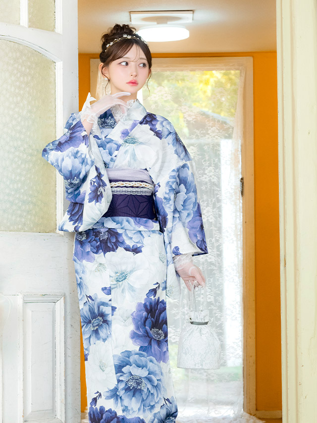 牡丹柄 水彩 ニュアンス ガーリー sweet 紺色 ネイビー ピンク 2点セット 着用イメージ2
