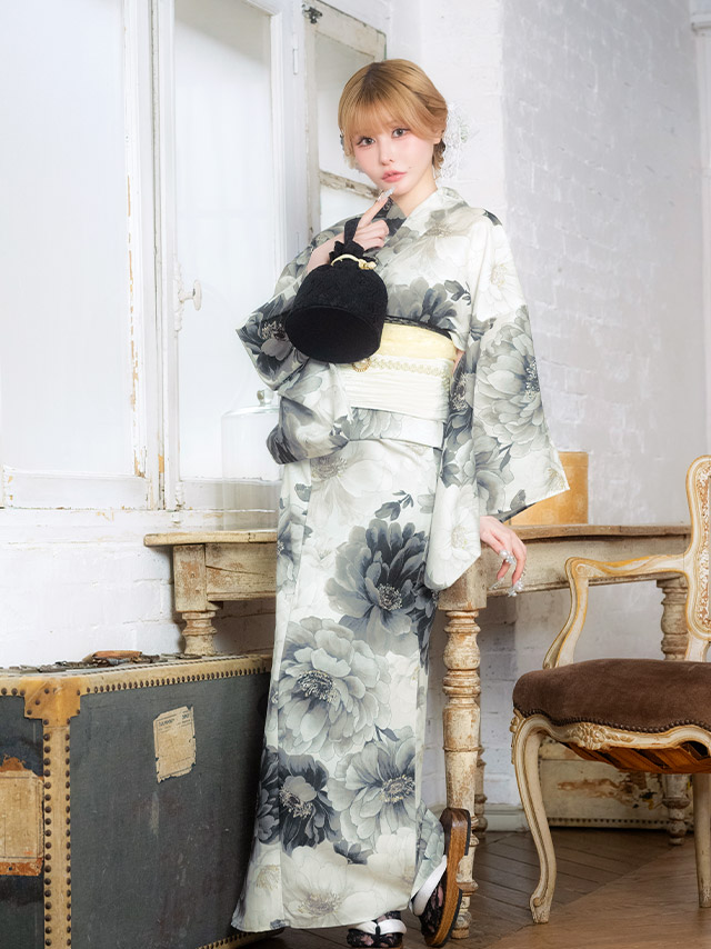 牡丹 水彩 ニュアンス ガーリー sweet 黒白モノトーン 白 黒 ブラック 2点セット 着用イメージ2