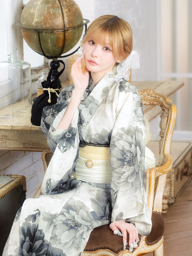 牡丹 水彩 ニュアンス ガーリー sweet 黒白モノトーン 白 黒 ブラック 2点セット 着用イメージ3