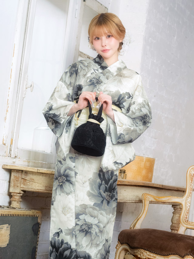 牡丹 水彩 ニュアンス ガーリー sweet 黒白モノトーン 白 黒 ブラック 2点セット 着用イメージ4