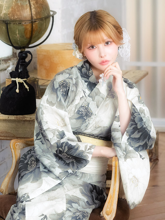 牡丹 水彩 ニュアンス ガーリー sweet 黒白モノトーン 白 黒 ブラック 2点セット 着用イメージ5