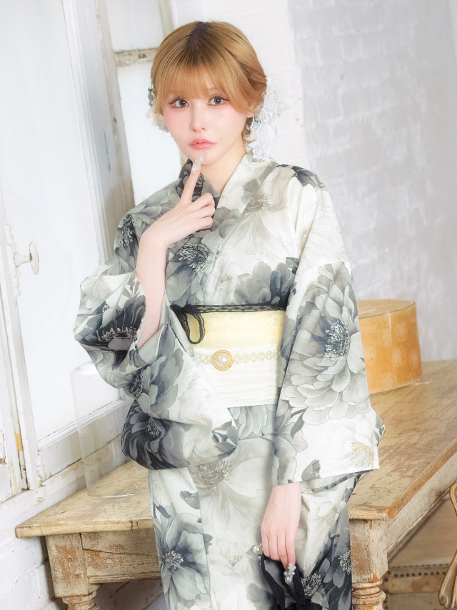 牡丹 水彩 ニュアンス ガーリー sweet 黒白モノトーン 白 黒 ブラック 2点セット 着用イメージ5