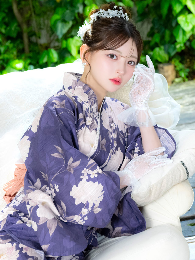 牡丹柄 水彩 ニュアンス ガーリー sweet 紺色 ネイビー ピンク 2点セット 着用イメージ5