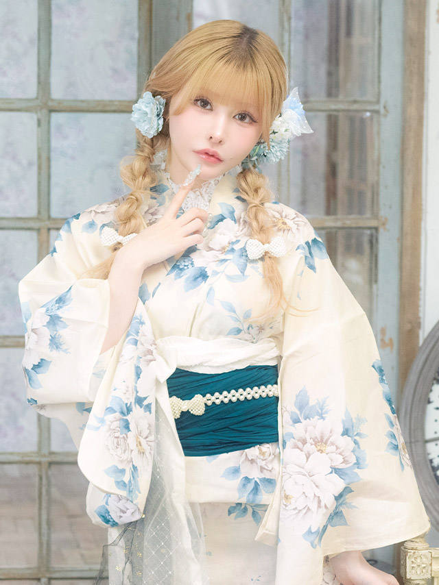 アンティーク 牡丹 ガーリー sweet 白 青 ブルベ 2点セット 着用イメージ1