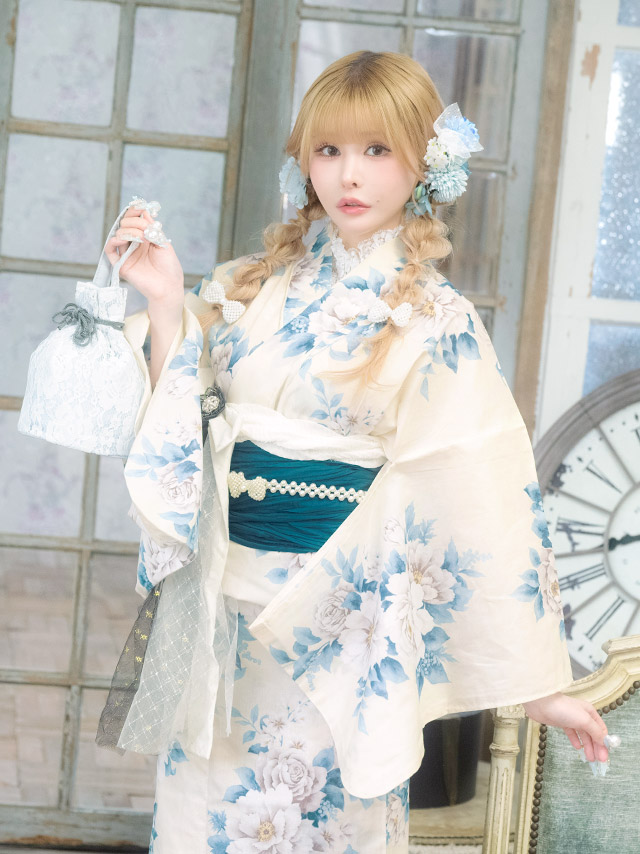 アンティーク 牡丹 ガーリー sweet 白 青 ブルベ 2点セット 着用イメージ2