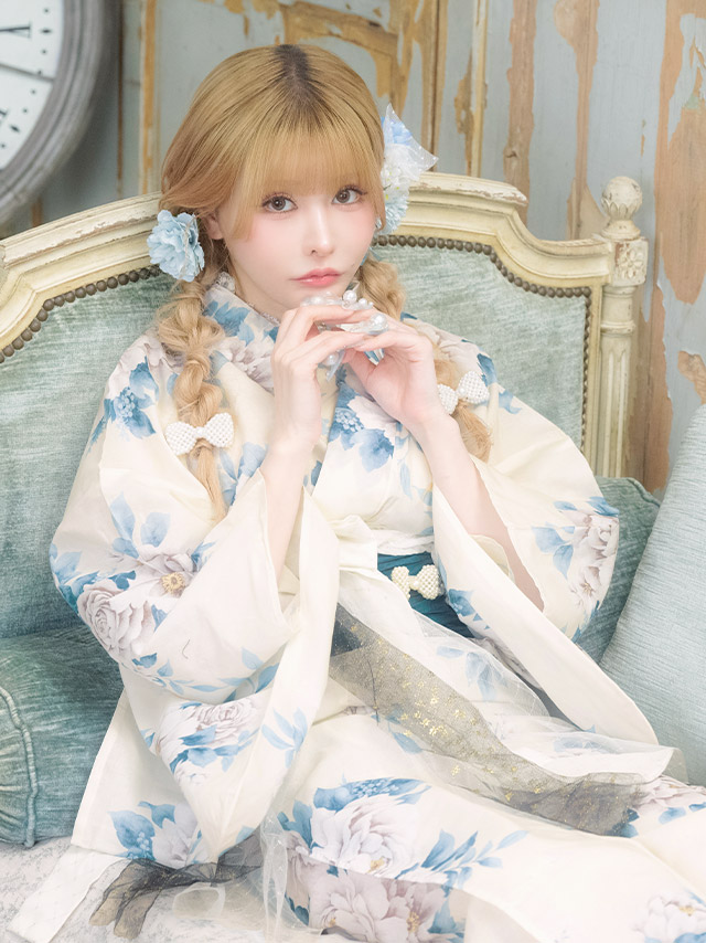 アンティーク 牡丹 ガーリー sweet 白 青 ブルベ 2点セット 着用イメージ3