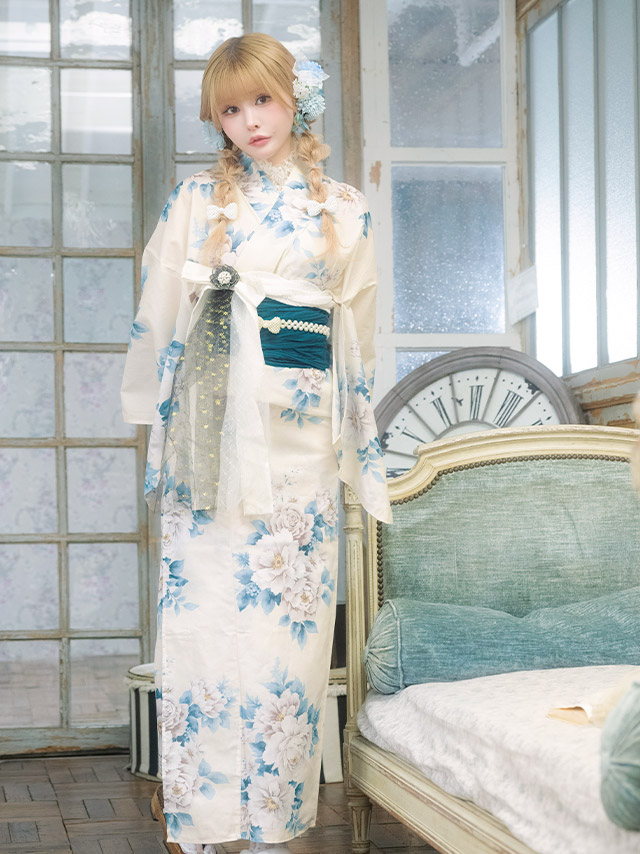 アンティーク 牡丹 ガーリー sweet 白 青 ブルベ 2点セット 着用イメージ4