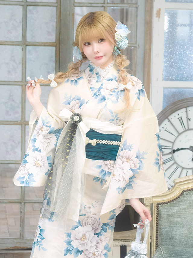 アンティーク 牡丹 ガーリー sweet 白 青 ブルベ 2点セット 着用イメージ5