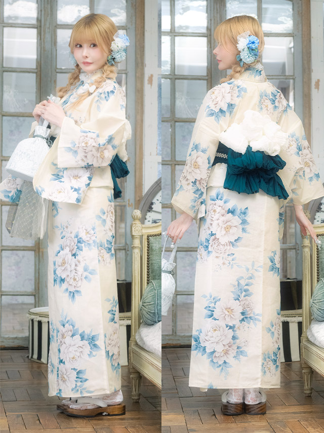 アンティーク 牡丹 ガーリー sweet 白 青 ブルベ 2点セット 背面・帯デザイン