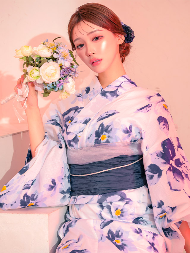 白地 水彩 フラワー 大人っぽい 妖艶 グラデーション 青 ブルベ 白 紺色 ネイビー 2点セット 着用イメージ4