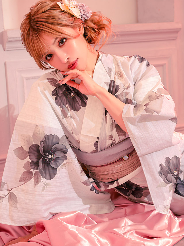 黒地 椿柄 大人っぽい 妖艶 モダン ニュアンス グラデーション 黒 ブラック 白 赤 2点セット 着用イメージ3