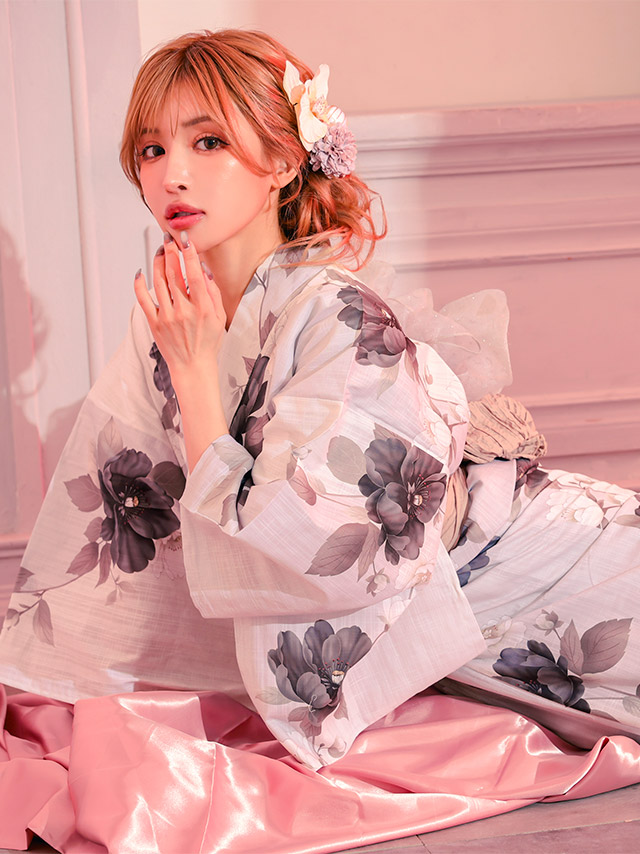 黒地 椿柄 大人っぽい 妖艶 モダン ニュアンス グラデーション 黒 ブラック 白 赤 2点セット 着用イメージ4