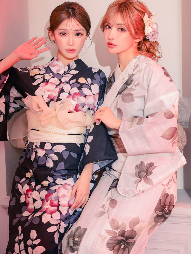 黒地 椿柄 大人っぽい 妖艶 モダン ニュアンス グラデーション 黒 ブラック 白 赤 2点セット 着用イメージ3