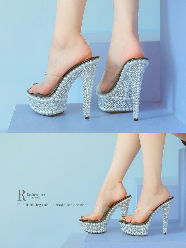 キャバヒール イメージ3 パールデコレーションクリアサンダル