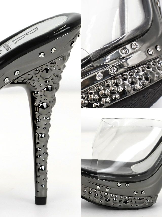 キャバヒール イメージ3 スタッズ風ブラックカラークリアサンダル