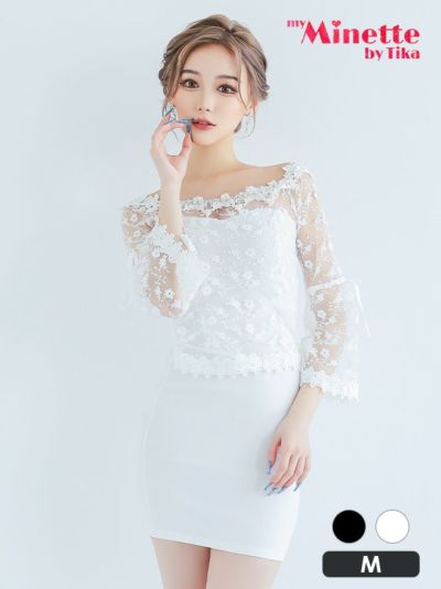 フラワーレース オフショルダー 袖あり 八部袖 タイトミニドレス (Mサイズ) (せいせい/キャバドレス着用) [myMinette/マイミネット]