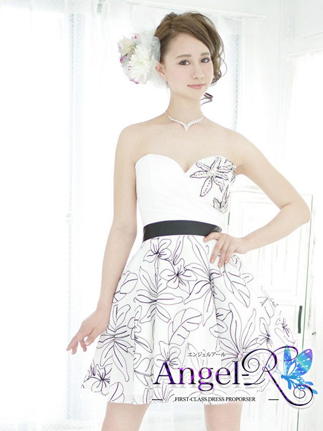 Angel-R エンジェルアール 高級手縫いラインストーン&フラワー刺繍ベアトップミニドレス