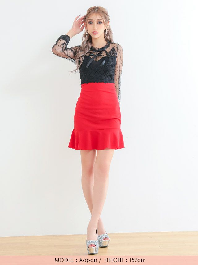 イメージ画像3 キャバドレス 安い Tika ティカ 久保七瀬着用 レース ロングスリーブ トランペット スカート ミニドレス レッド ラベンダー S?XLサイズ キャバ ドレス 大きいサイズ ミニ 膝丈 可愛い 通販