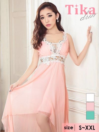 レース× シフォン ハイウエスト切替フレア ホルターネック バストカット 谷間魅せ ロングテールドレス (Sサイズ～XXLサイズ) (杉山佳那恵/キャバドレス着用)