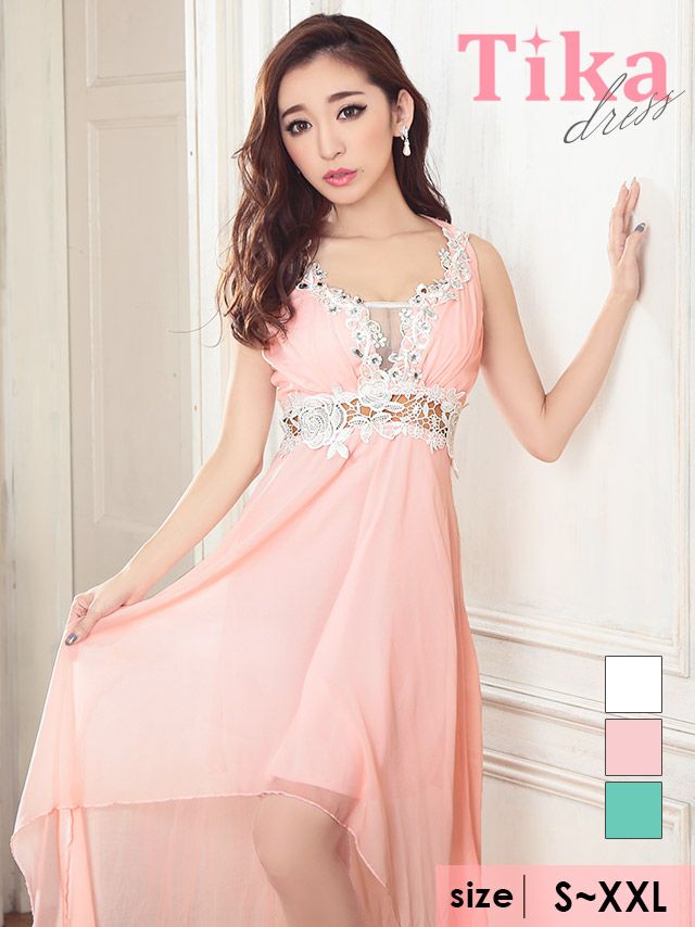 メイン画像 キャバドレス 安い Tika ティカ 杉山佳那恵着用 レース シフォン フィッシュテール ミニドレス ホワイト ピンク グリーン S?XXLサイズ キャバ ドレス 大きいサイズ 可愛い 通販