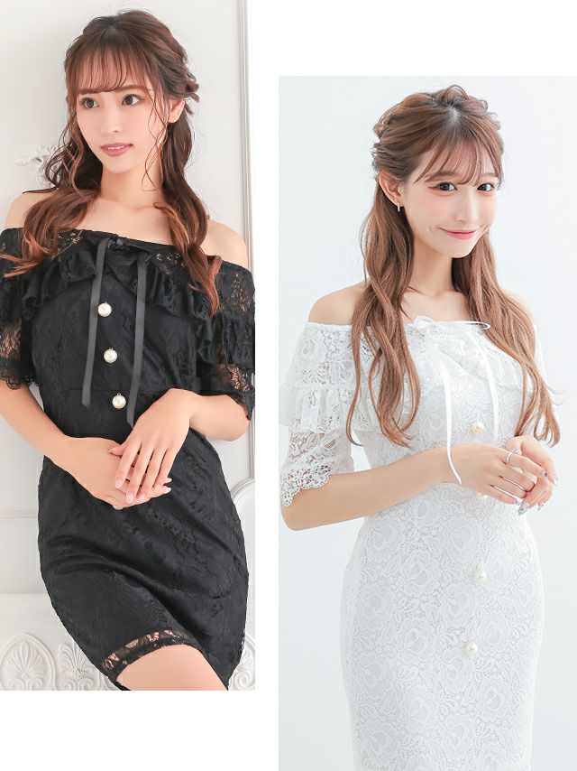 イメージ画像2 キャバドレス 安い myMinette マイミネット miho着用 パール飾り ボタン付き 総レース オフショル タイト ミニドレス ホワイト ブラック キャバ ドレス タイトドレス ミニ 膝丈 可愛い 通販