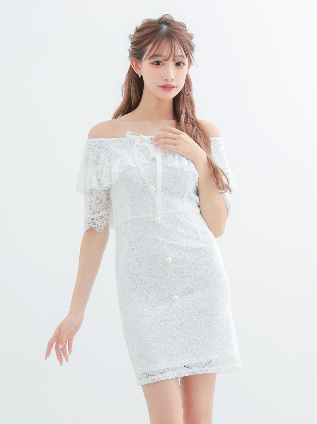 イメージ画像2 キャバドレス 安い myMinette マイミネット miho着用 パール飾り ボタン付き 総レース オフショル タイト ミニドレス ホワイト ブラック キャバ ドレス タイトドレス ミニ 膝丈 可愛い 通販
