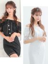 イメージ画像2 キャバドレス 安い myMinette マイミネット miho着用 パール飾り ボタン付き 総レース オフショル タイト ミニドレス ホワイト ブラック キャバ ドレス タイトドレス ミニ 膝丈 可愛い 通販