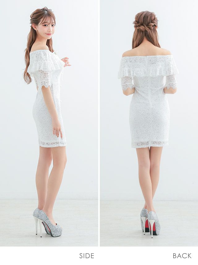 イメージ画像5 キャバドレス 安い myMinette マイミネット miho着用 パール飾り ボタン付き 総レース オフショル タイト ミニドレス ホワイト ブラック キャバ ドレス タイトドレス ミニ 膝丈 可愛い 通販