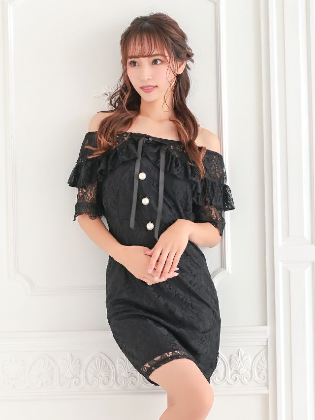 イメージ画像8 キャバドレス 安い myMinette マイミネット miho着用 パール飾り ボタン付き 総レース オフショル タイト ミニドレス ホワイト ブラック キャバ ドレス タイトドレス ミニ 膝丈 可愛い 通販