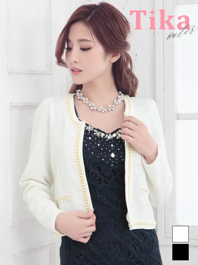 メイン画像 フェイクポケット付きパール縁取りノーカラー長袖ボレロジャケット