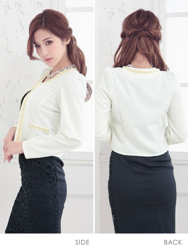 イメージ画像3 フェイクポケット付きパール縁取りノーカラー長袖ボレロジャケット