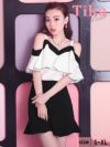 メイン画像 キャバドレス 大きいサイズ Tika ティカ 久保七瀬着用 フリル オープンショルダー ツーピース ミニドレス ホワイト×ブラック S?XLサイズ キャバ ドレス ナイトドレス セットアップ ミニ ひざ丈 キャバ嬢 キャバクラ 通販