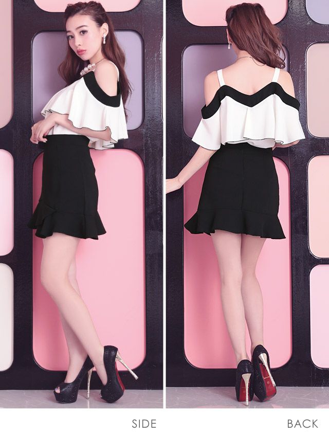 イメージ画像3 キャバドレス 大きいサイズ Tika ティカ 久保七瀬着用 フリル オープンショルダー ツーピース ミニドレス ホワイト×ブラック S?XLサイズ キャバ ドレス ナイトドレス セットアップ ミニ ひざ丈 キャバ嬢 キャバクラ 通販