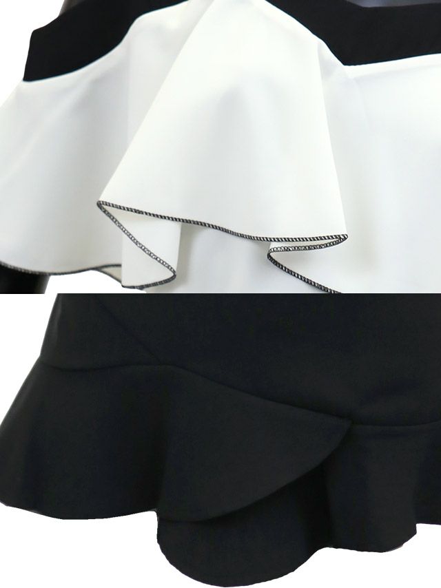 イメージ画像6 キャバドレス 大きいサイズ Tika ティカ 久保七瀬着用 フリル オープンショルダー ツーピース ミニドレス ホワイト×ブラック S?XLサイズ キャバ ドレス ナイトドレス セットアップ ミニ ひざ丈 キャバ嬢 キャバクラ 通販