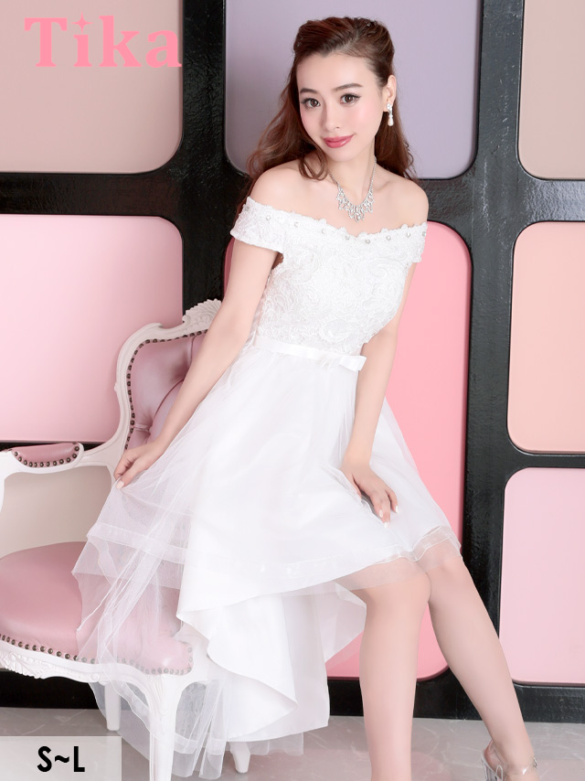 メイン画像 キャバドレス Tika ティカ 久保七瀬着用 オフショル チュールスカート ロングテールドレス ホワイト レッド ブラック Mサイズ キャバ ドレス ナイトドレス キャバ嬢 キャバクラ 通販