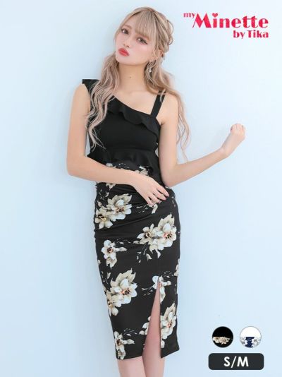 胸元フリル ワンショルダー 花柄 タイト膝丈...