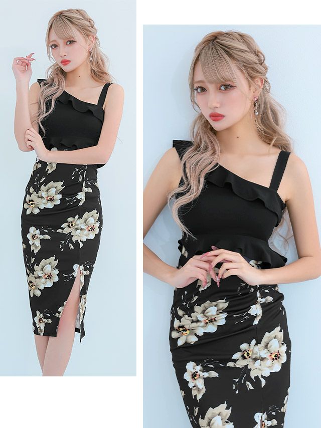 イメージ画像2 キャバドレス 安い Tika ティカ 岩本紗也加(うさたにパイセン)着用 ワンショル風 花柄 ミディ丈ドレス ネイビー ブラック Sサイズ Mサイズ キャバ ドレス 大きいサイズ ミニ 膝丈 可愛い 紺 黒 通販