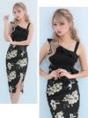 イメージ画像2 キャバドレス 安い Tika ティカ 岩本紗也加(うさたにパイセン)着用 ワンショル風 花柄 ミディ丈ドレス ネイビー ブラック Sサイズ Mサイズ キャバ ドレス 大きいサイズ ミニ 膝丈 可愛い 紺 黒 通販