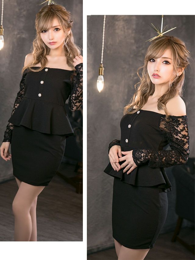 イメージ画像2 キャバドレス 長袖 Tika ティカ さくりな着用 レース 長袖 ペプラム タイト ミニドレス ピンク ブラック S?XLサイズ キャバ ドレス ペプラムドレス 体型カバー 大きいサイズ 袖あり 黒 ナイトドレス キャバ嬢 キャバクラ ラウンジ スナック 通販