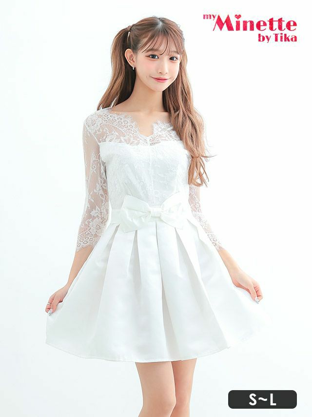 レースウエストリボン袖ありハイウエスト切替フレアプチプラミニドレス