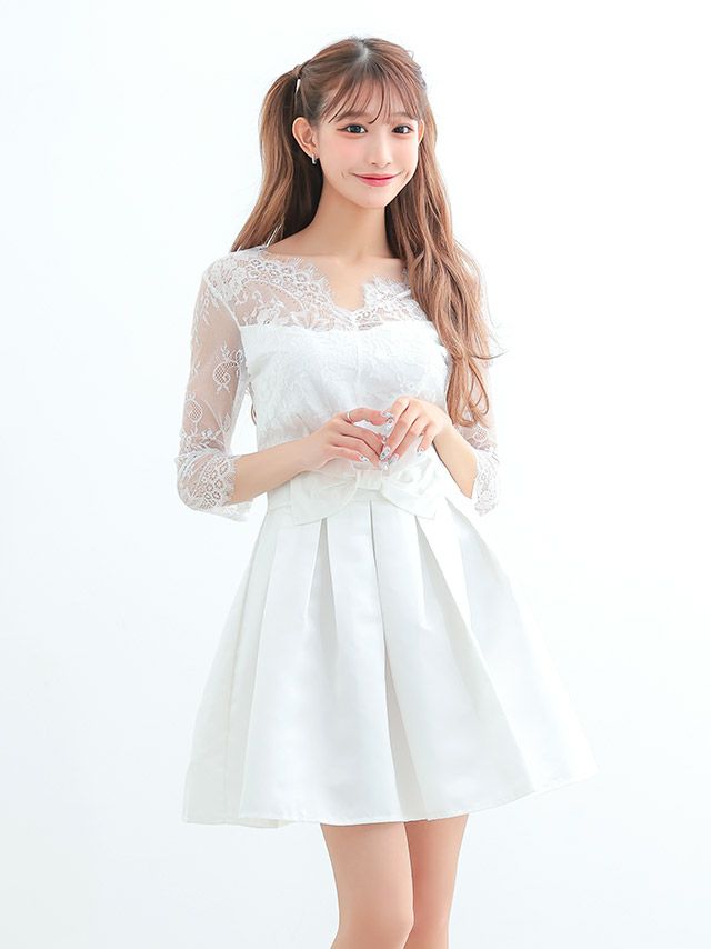 キャバドレス ミニドレス ミニワンピース 激安 myMinette マイミネット レース七分袖ウエストリボンフレアミニドレス