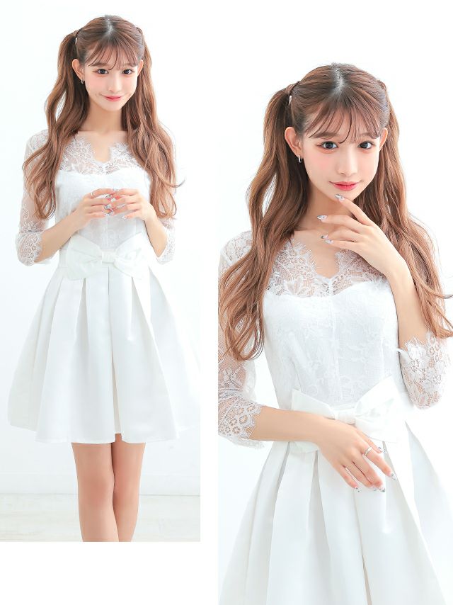 キャバドレス ミニドレス ミニワンピース 激安 myMinette マイミネット レース七分袖ウエストリボンフレアミニドレス