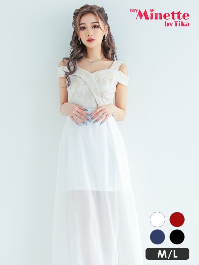 メイン画像 キャバドレス 安い myMinette マイミネット 異素材MIXメッシュレース×シフォンスカートロングドレス (ホワイト/レッド/ネイビー/ブラック) (Mサイズ/Lサイズ) (miho/キャバドレス着用)