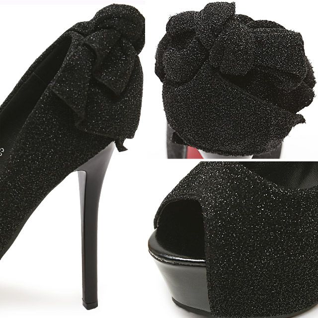 キャバヒール イメージ5 ラメ×バックリボンオープントゥワンカラーパンプス